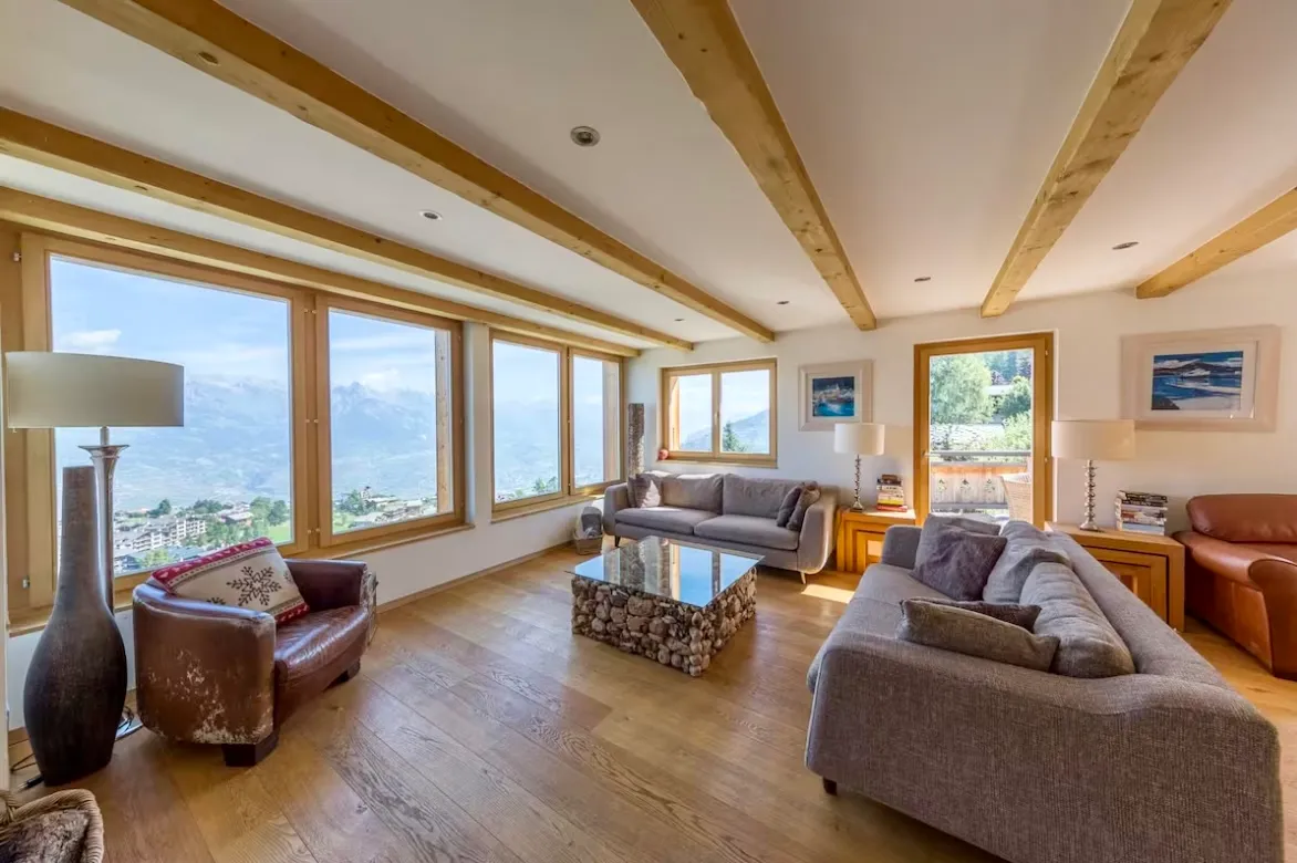 Stylish chalet lounge and terrace in Haute-Nendaz for Summit Club guests
